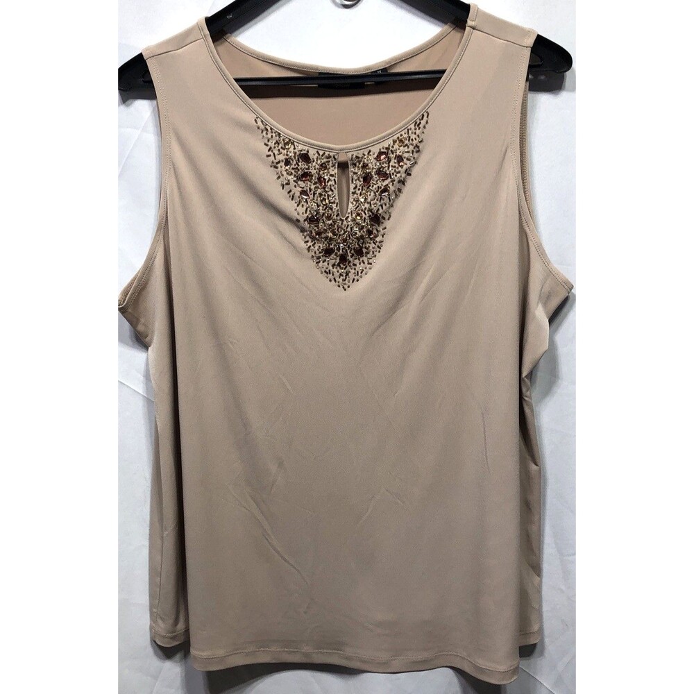 Susan Graver sleeveless slinky top 2X tan beaded V-neck keyhole Glam Office